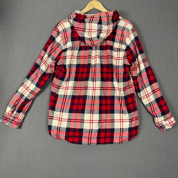 Eddie Bauer Shirt Jacket Women's XL Red Ivory Plaid Hi-Low Button Front Hooded - Picture 2 of 16